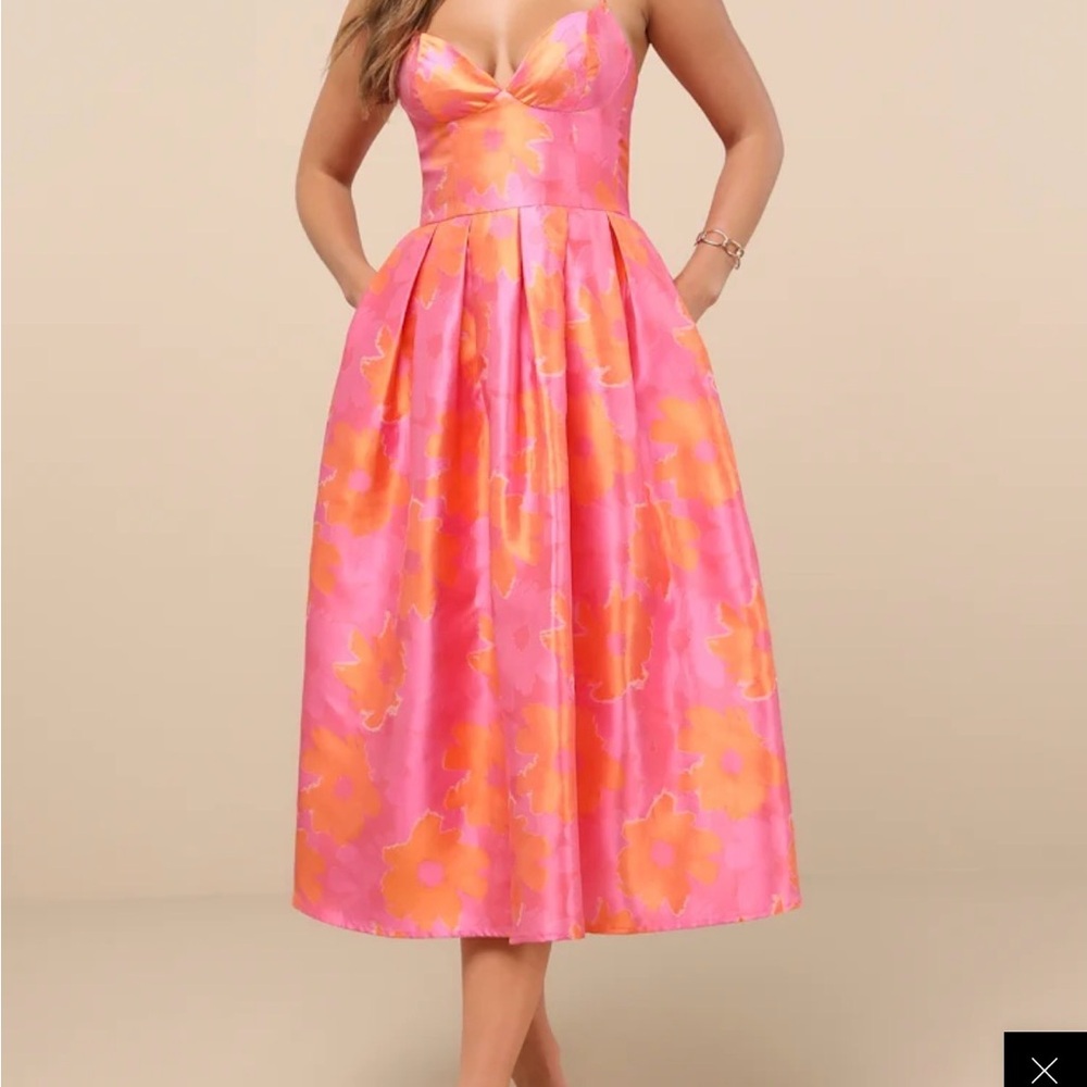 Lulu's Vibrant Pink and Orange Floral Midi Dress